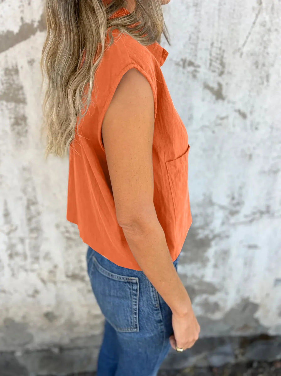 Full Size Button Down Cap Sleeve Linen Shirt - Deb Shops
