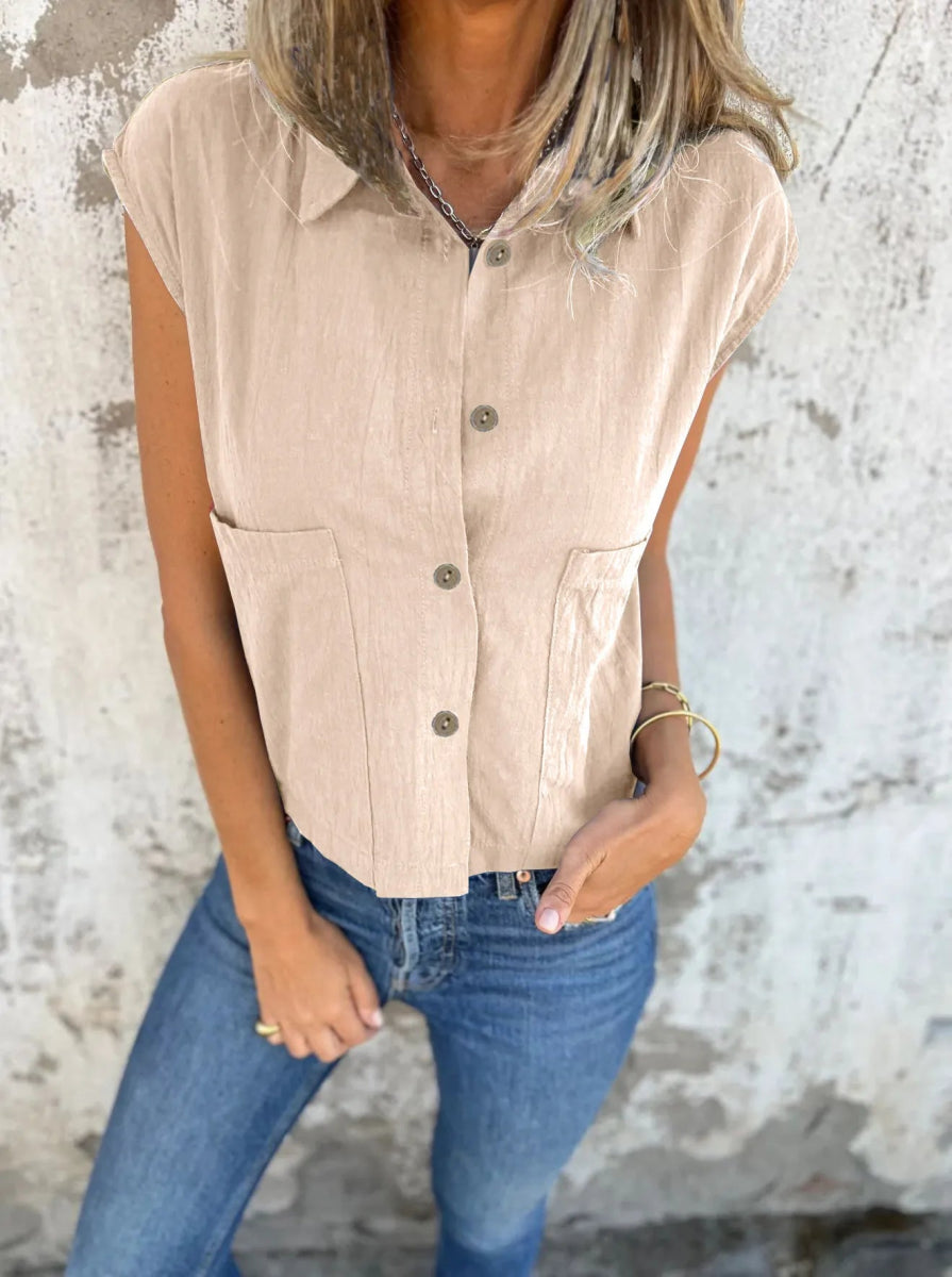 Full Size Button Down Cap Sleeve Linen Shirt - Deb Shops