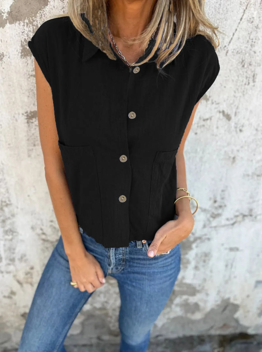 Full Size Button Down Cap Sleeve Linen Shirt - Deb Shops
