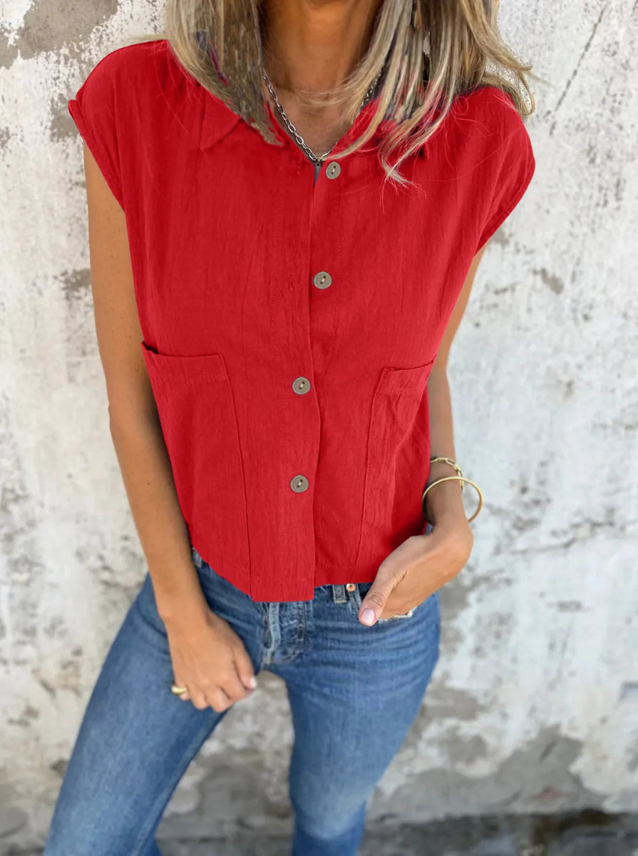Full Size Button Down Cap Sleeve Linen Shirt - Deb Shops