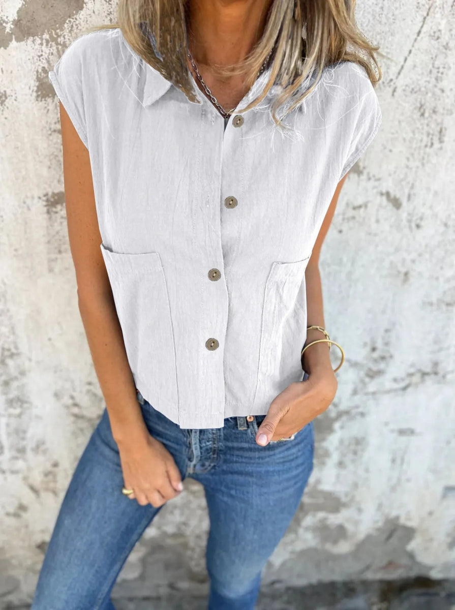 Full Size Button Down Cap Sleeve Linen Shirt - Deb Shops
