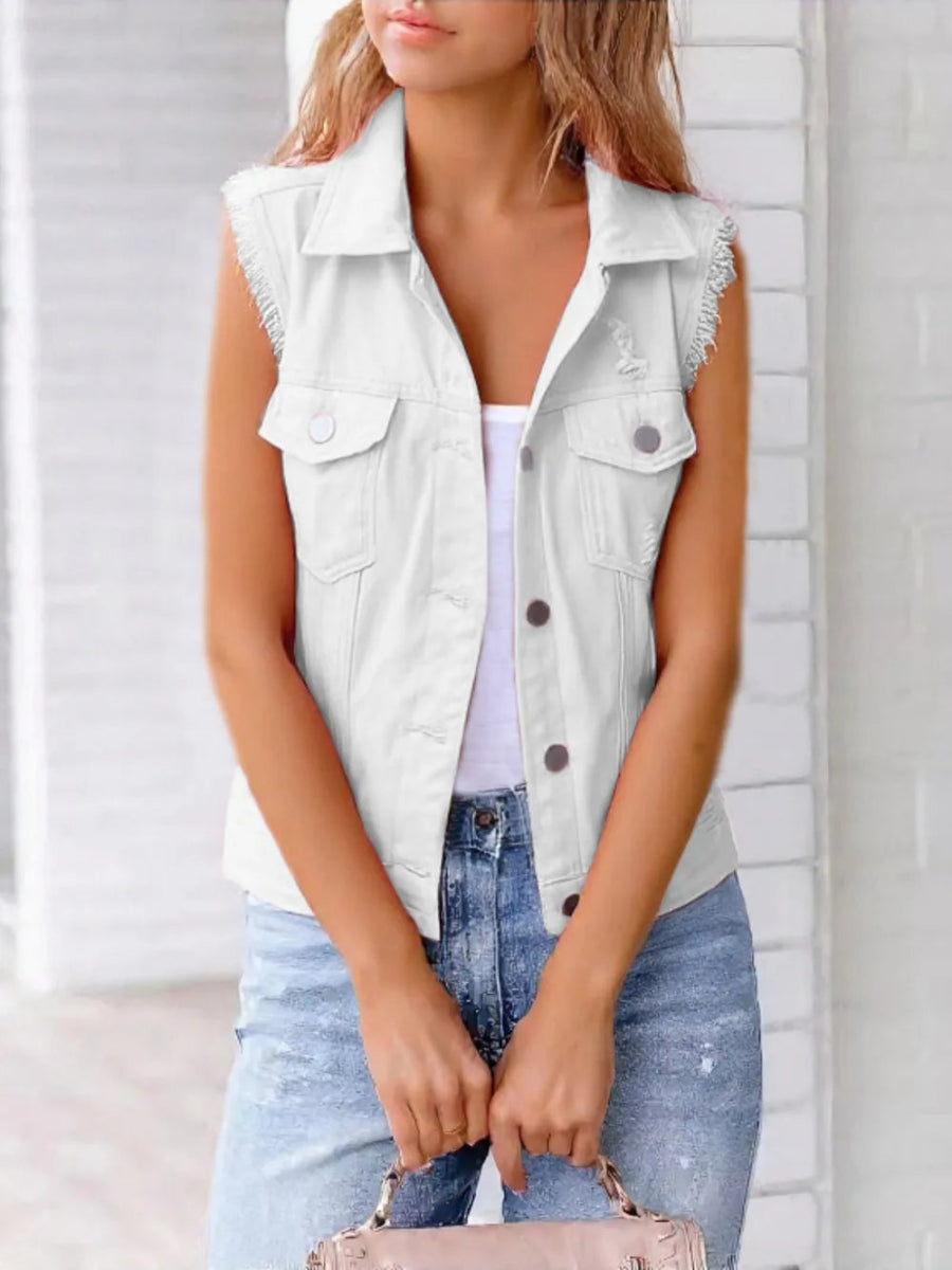 Full Size Button Down Raw Hem Sleeveless Denim Jacket - Deb Shops