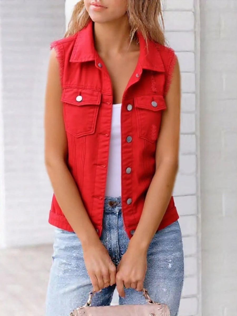 Full Size Button Down Raw Hem Sleeveless Denim Jacket - Deb Shops