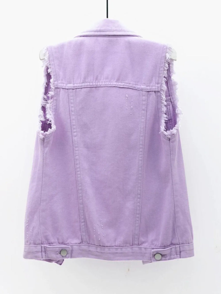 Full Size Button Down Raw Hem Sleeveless Denim Jacket - Deb Shops