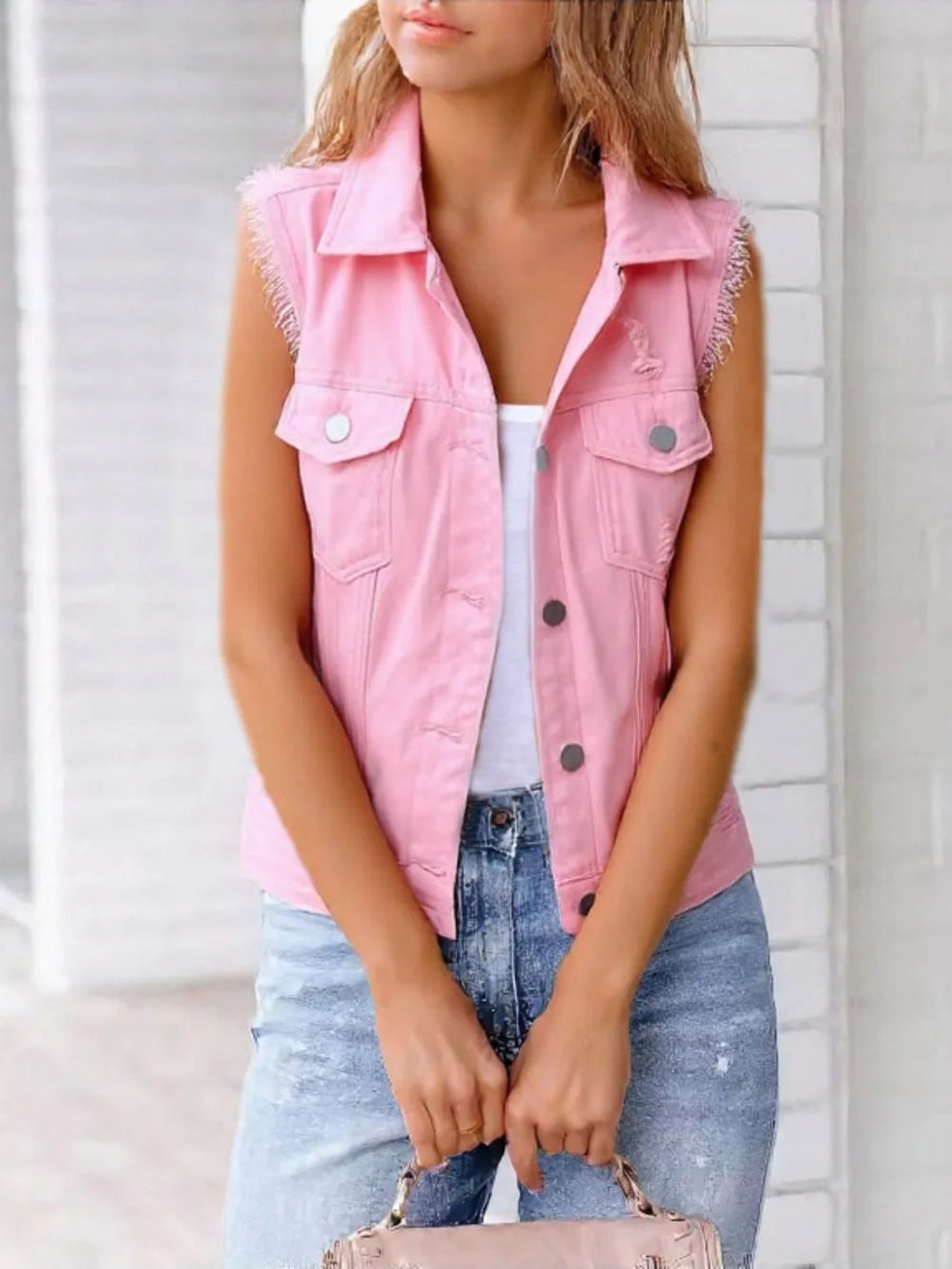 Full Size Button Down Raw Hem Sleeveless Denim Jacket - Deb Shops