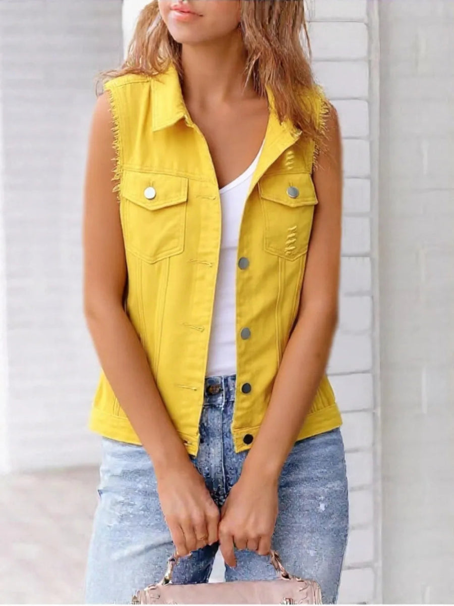 Full Size Button Down Raw Hem Sleeveless Denim Jacket - Deb Shops