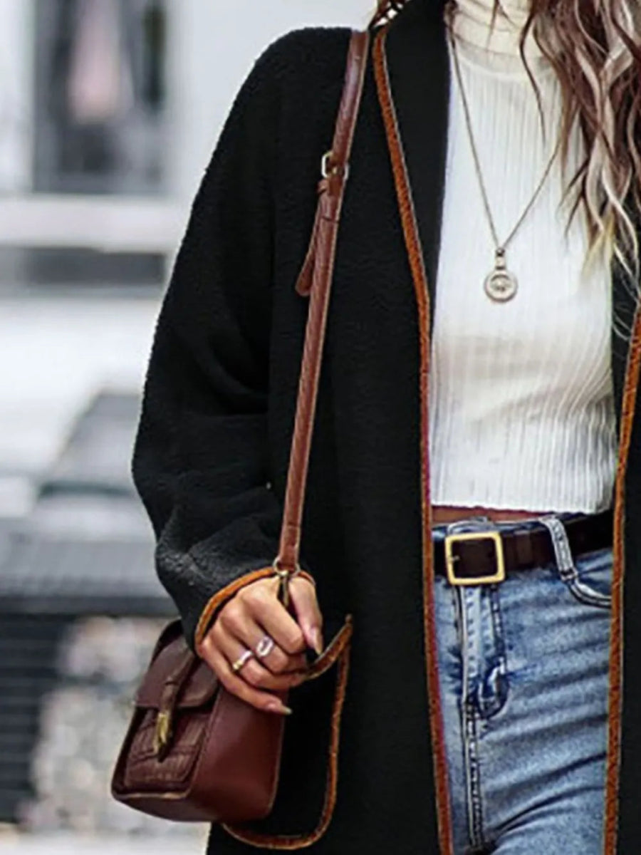 Full Size Contrast Trim Long Sleeve Coat with Pockets - Deb Shops