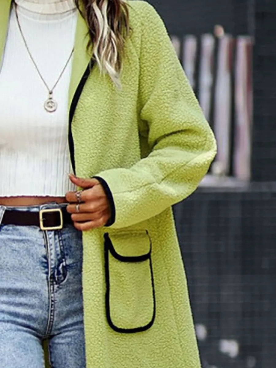Full Size Contrast Trim Long Sleeve Coat with Pockets - Deb Shops
