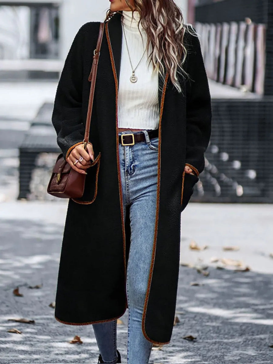 Full Size Contrast Trim Long Sleeve Coat with Pockets - Deb Shops