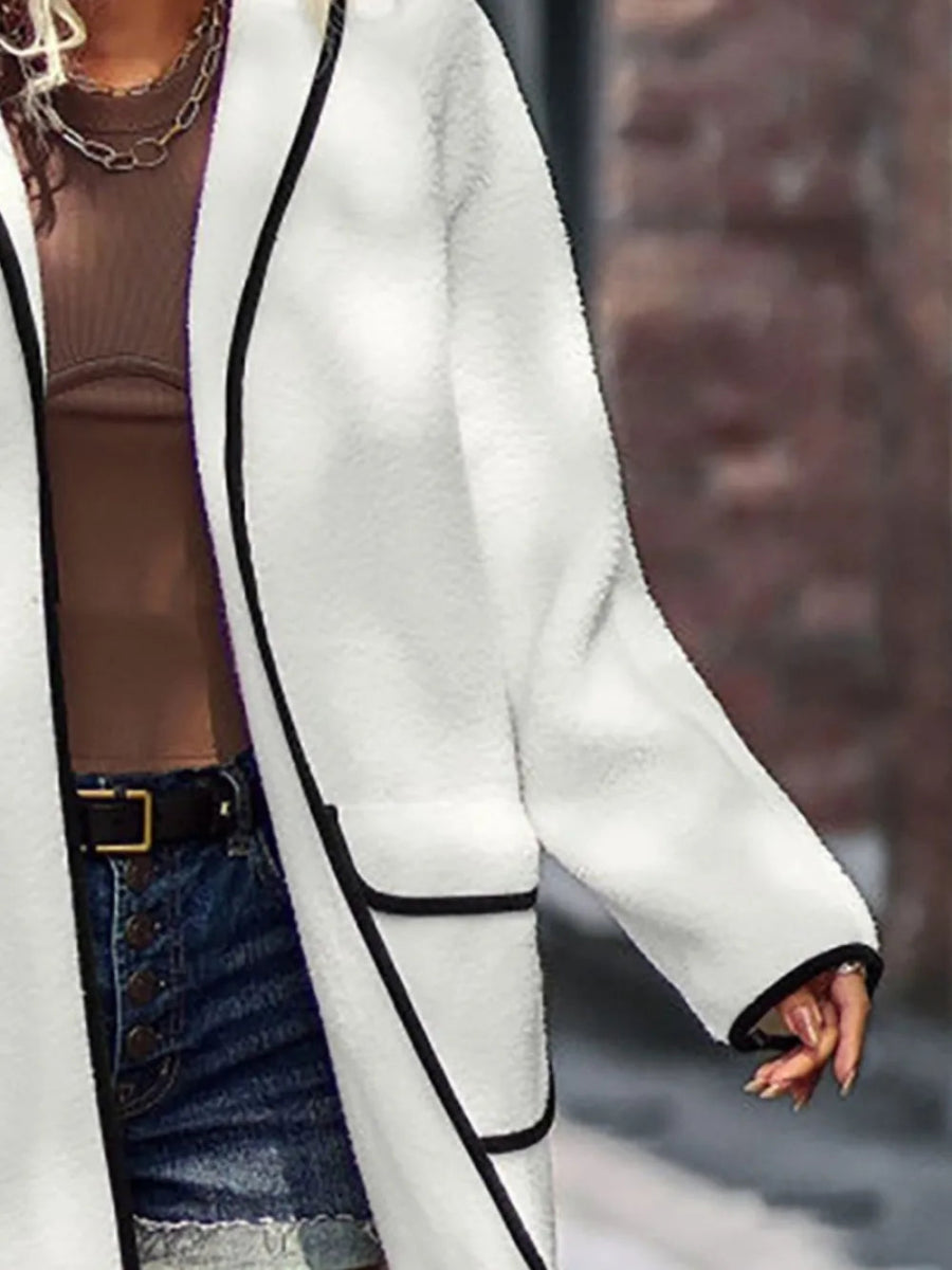 Full Size Contrast Trim Long Sleeve Coat with Pockets - Deb Shops