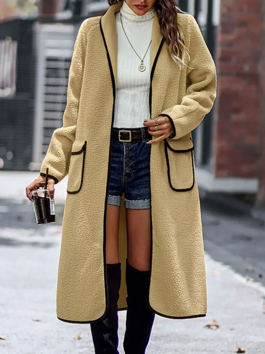 Full Size Contrast Trim Long Sleeve Coat with Pockets - Deb Shops
