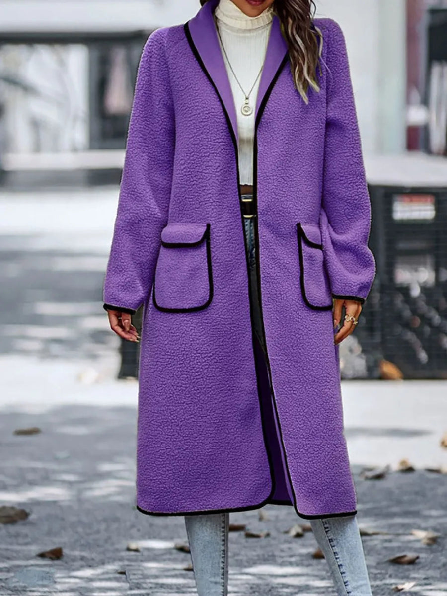 Full Size Contrast Trim Long Sleeve Coat with Pockets - Deb Shops