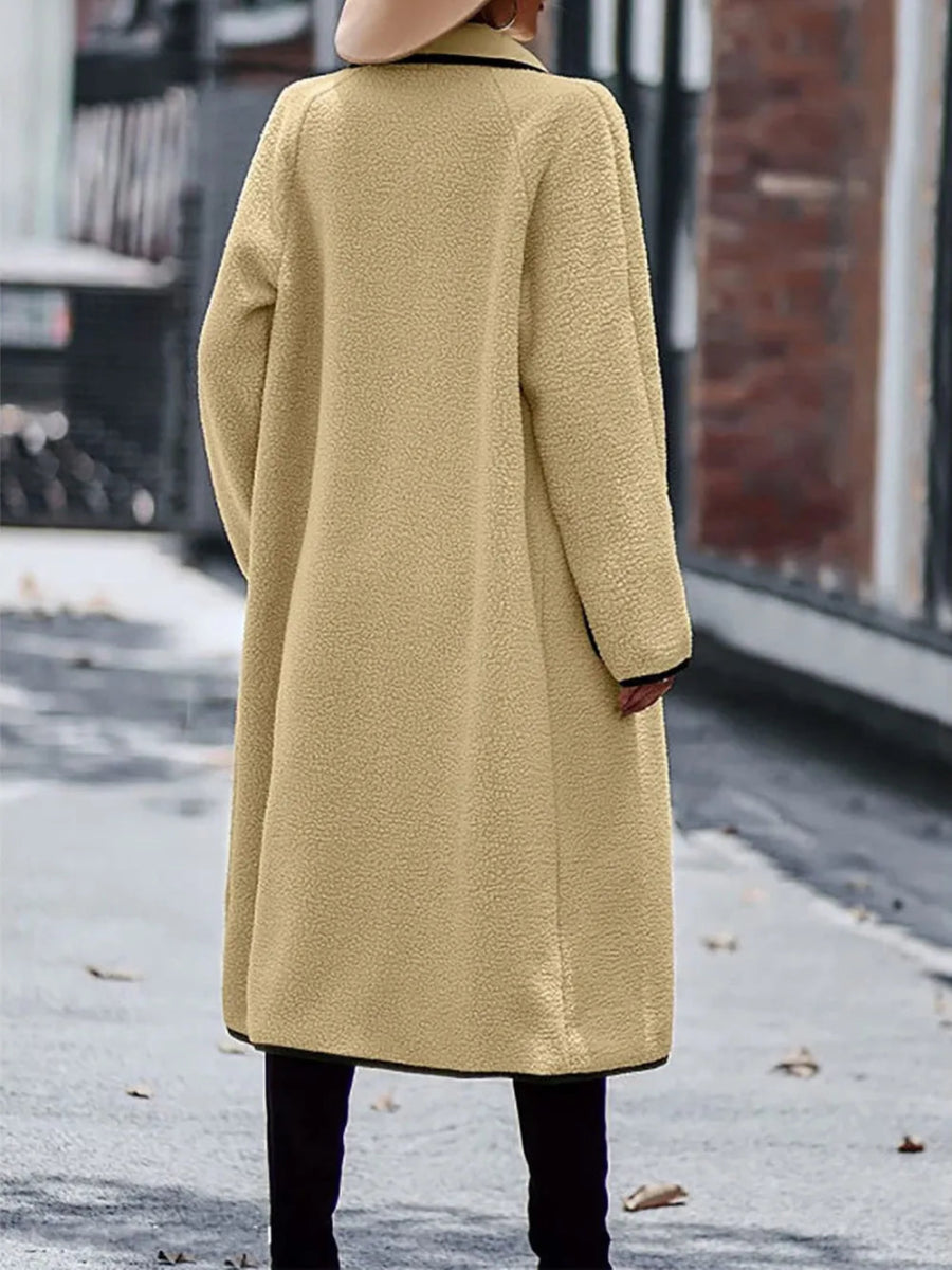 Full Size Contrast Trim Long Sleeve Coat with Pockets - Deb Shops