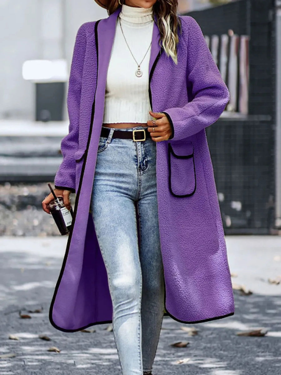 Full Size Contrast Trim Long Sleeve Coat with Pockets - Deb Shops