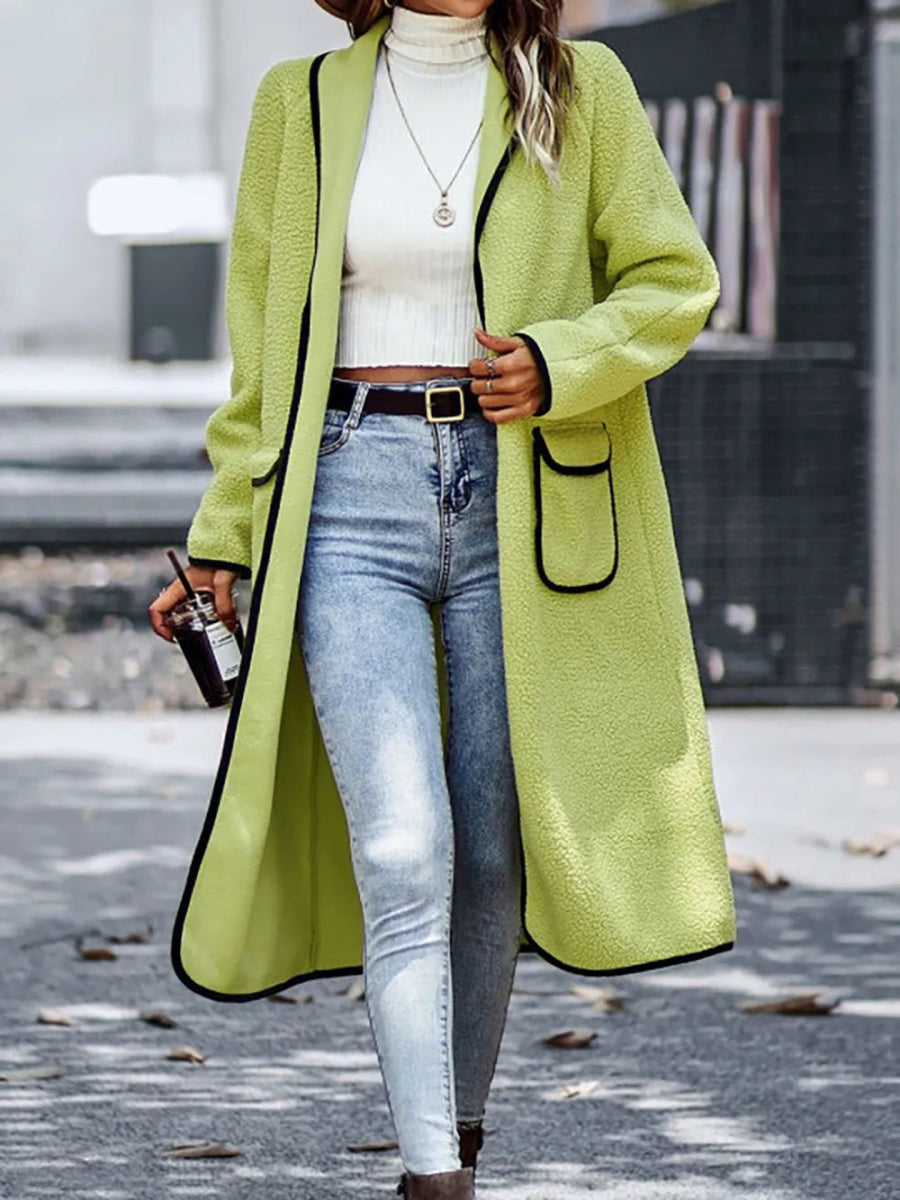 Full Size Contrast Trim Long Sleeve Coat with Pockets - Deb Shops