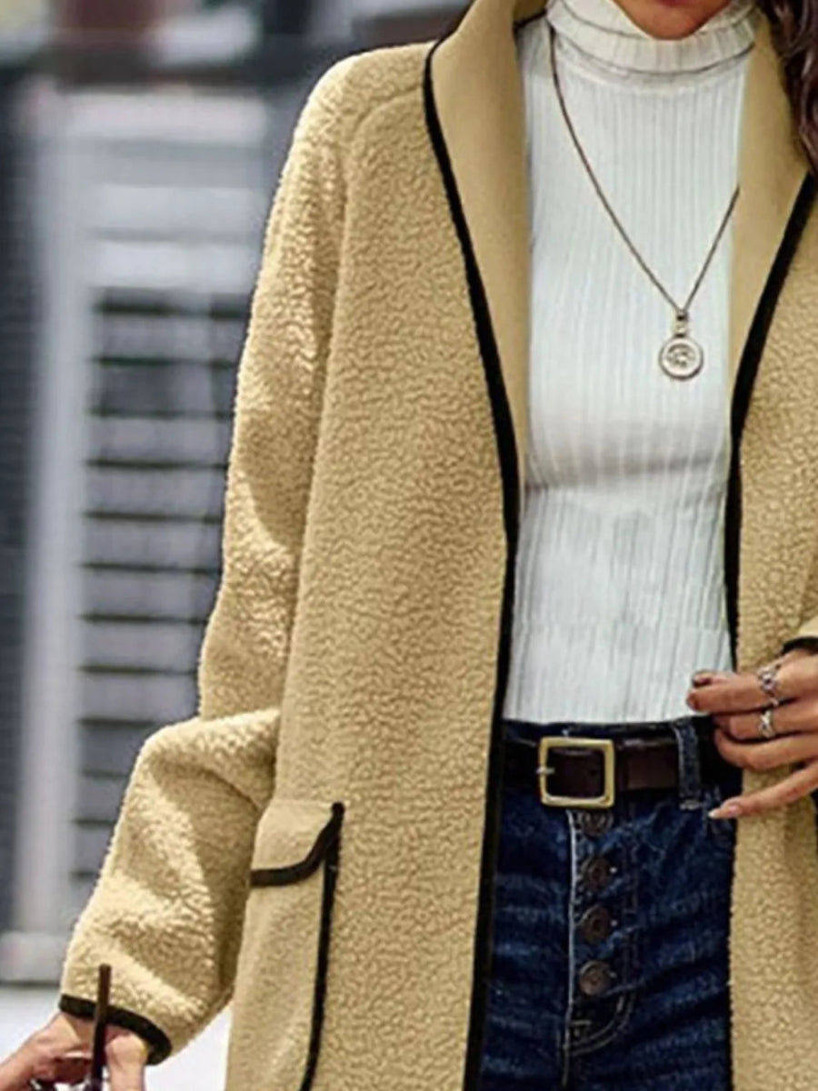 Full Size Contrast Trim Long Sleeve Coat with Pockets - Deb Shops