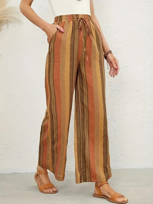 Full Size Drawstring Striped Wide Leg Pants - Deb Shops
