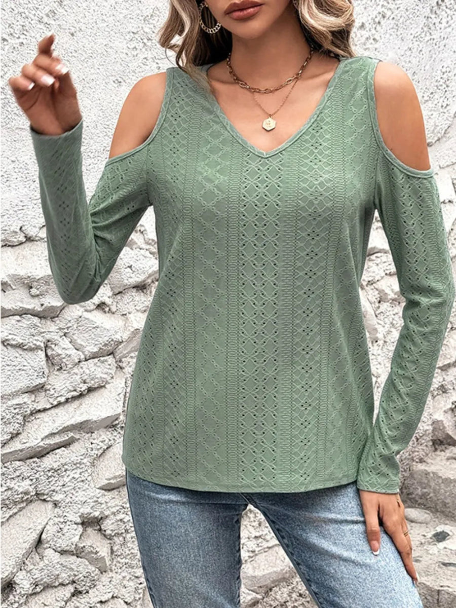 Full Size Eyelet V - Neck Cold Shoulder T-Shirt - Deb Shops