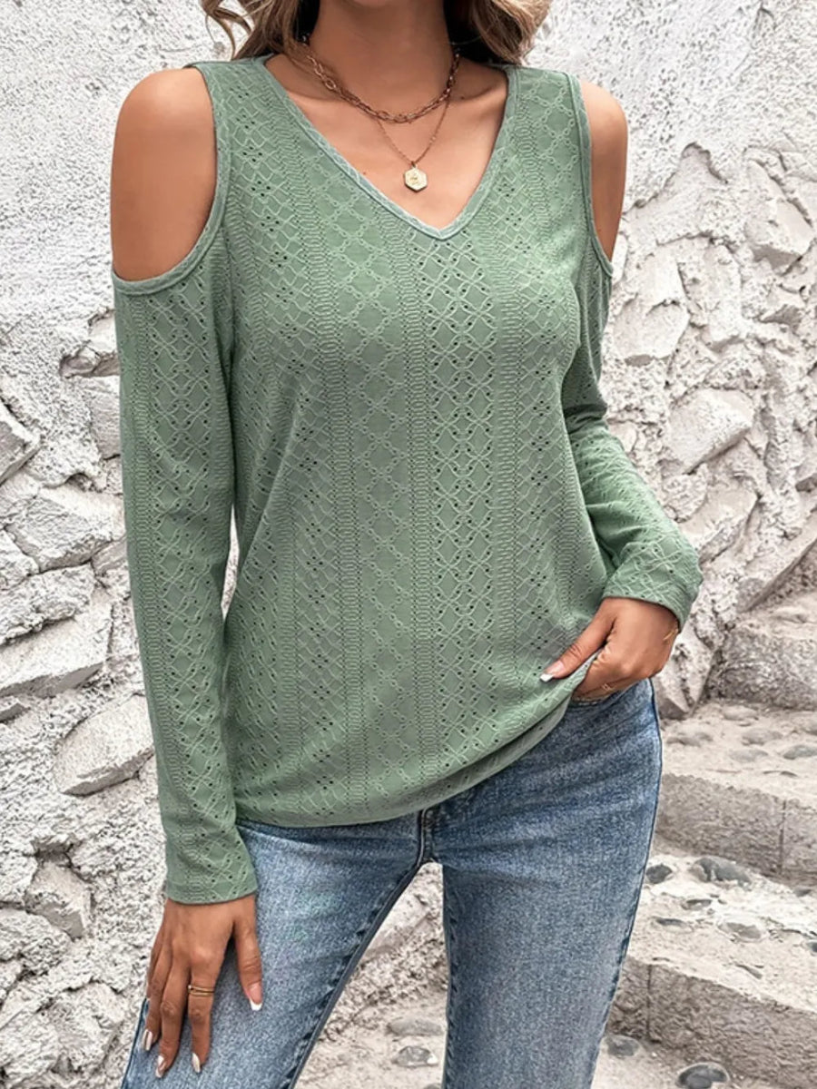 Full Size Eyelet V - Neck Cold Shoulder T-Shirt - Deb Shops