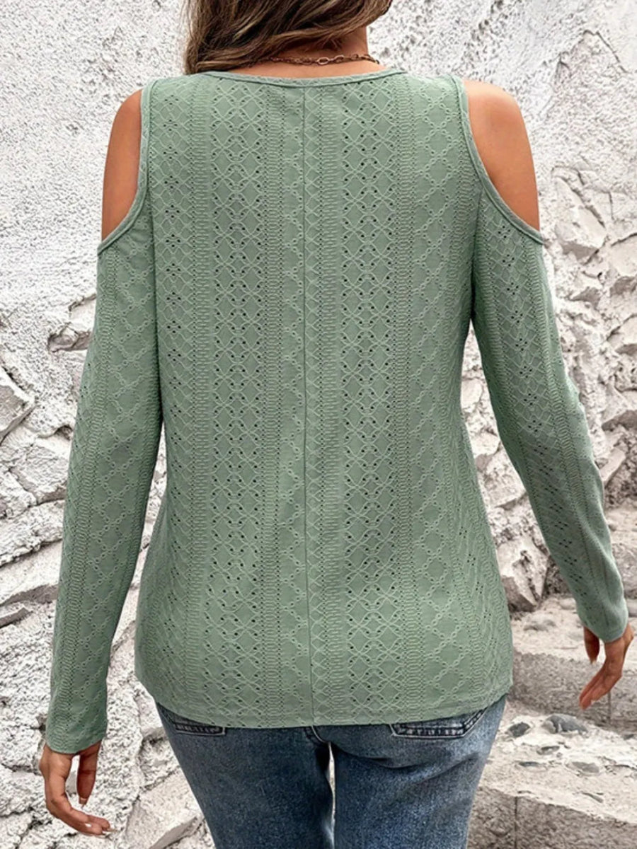 Full Size Eyelet V - Neck Cold Shoulder T-Shirt - Deb Shops