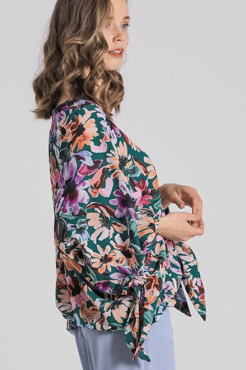 Full Size Floral V - Neck Tie Sleeve Blouse Plus Size - Deb Shops