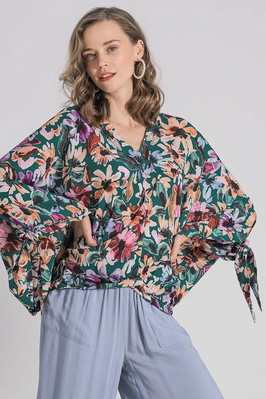 Full Size Floral V - Neck Tie Sleeve Blouse Plus Size - Deb Shops