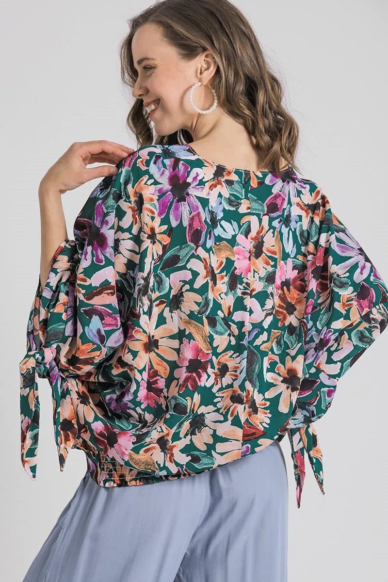 Full Size Floral V - Neck Tie Sleeve Blouse Plus Size - Deb Shops