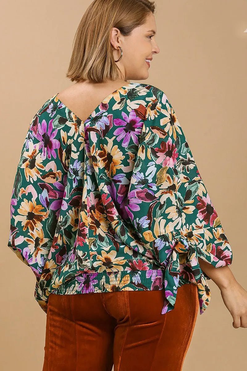 Full Size Floral V - Neck Tie Sleeve Blouse Plus Size - Deb Shops