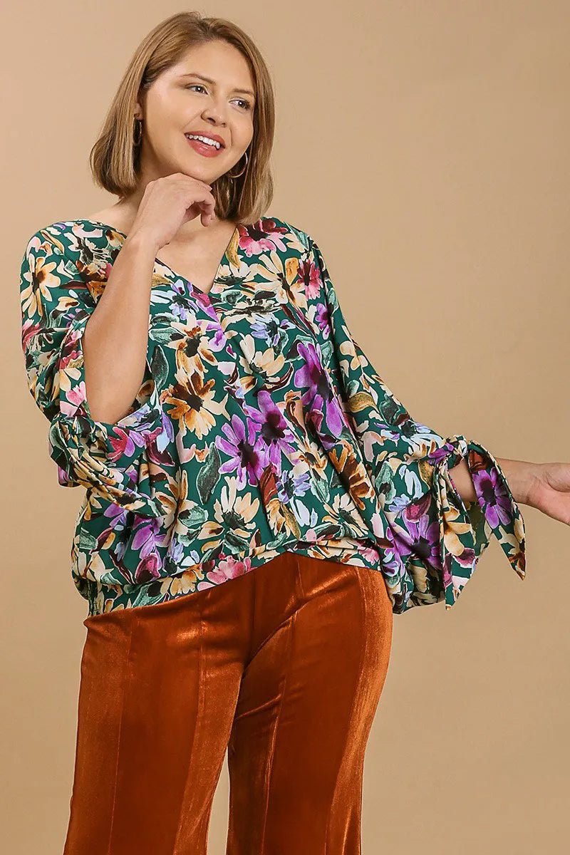 Full Size Floral V - Neck Tie Sleeve Blouse Plus Size - Deb Shops