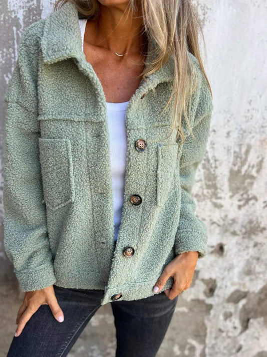 Full Size Fuzzy Button Up Drop Shoulder Jacket - Deb Shops