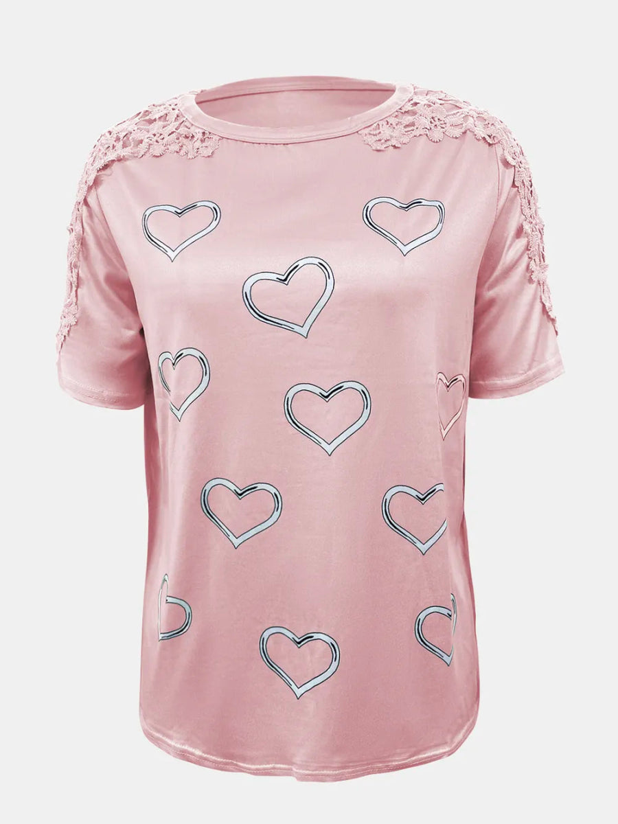 Full Size Lace Detail Heart Round Neck Short Sleeve Top - Deb Shops