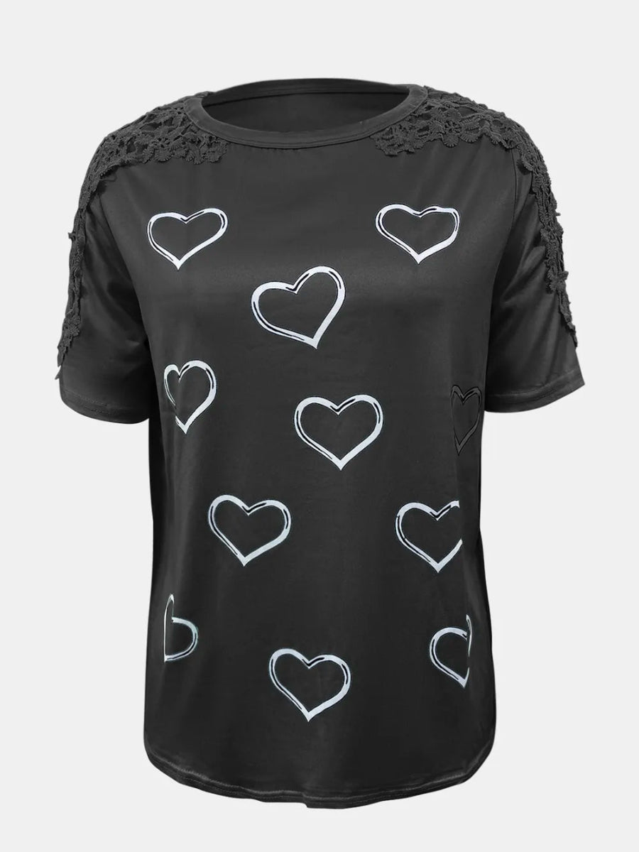 Full Size Lace Detail Heart Round Neck Short Sleeve Top - Deb Shops