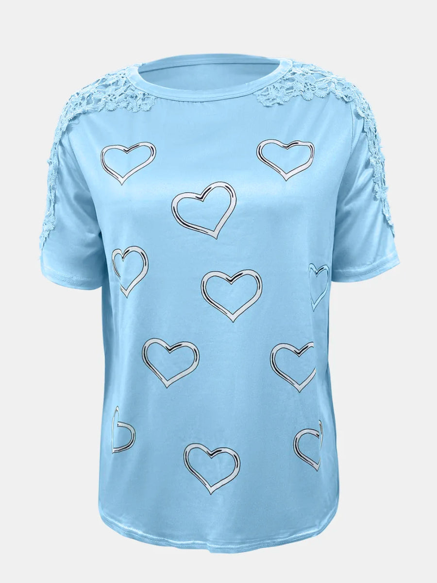 Full Size Lace Detail Heart Round Neck Short Sleeve Top - Deb Shops