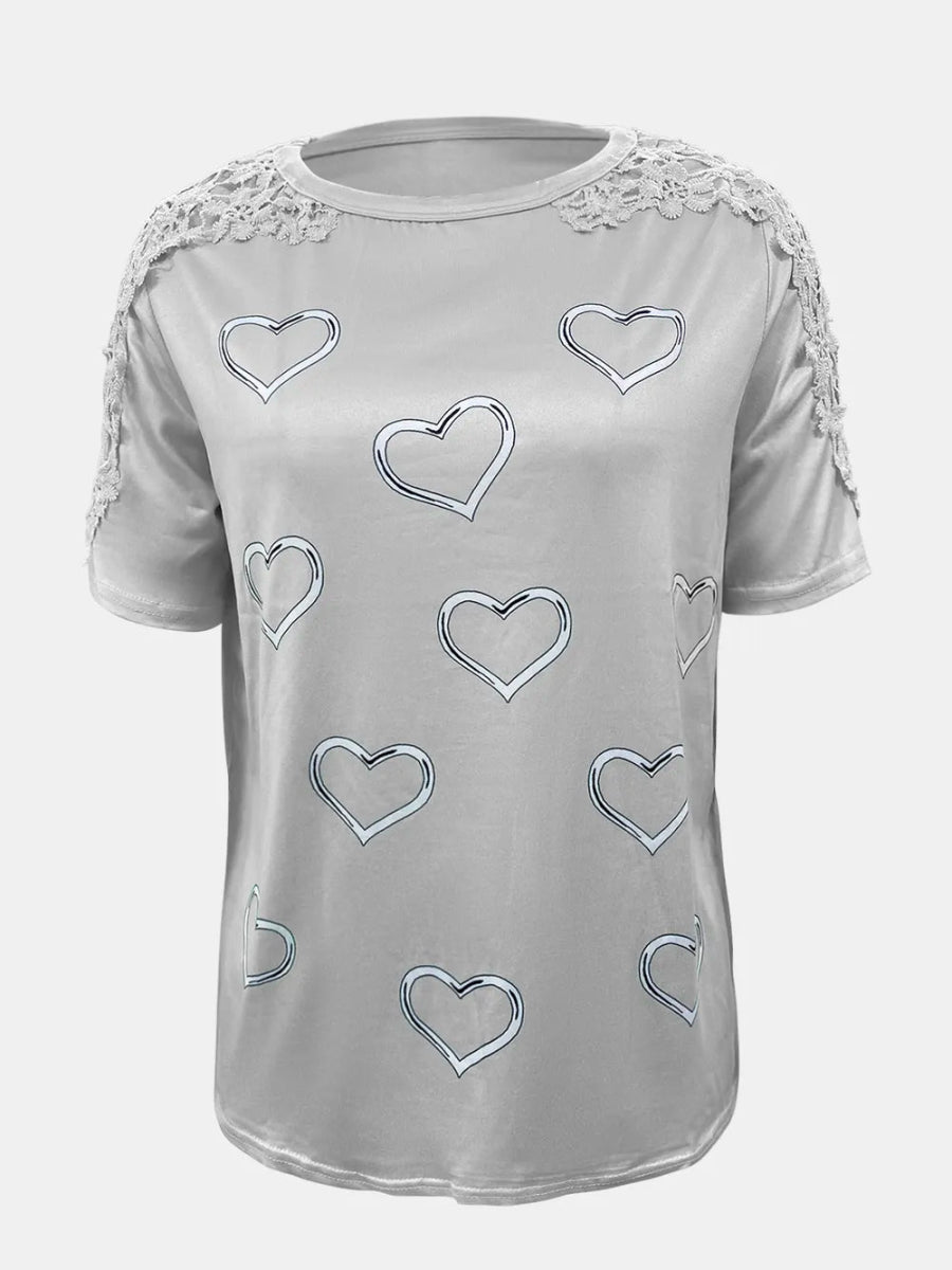 Full Size Lace Detail Heart Round Neck Short Sleeve Top - Deb Shops