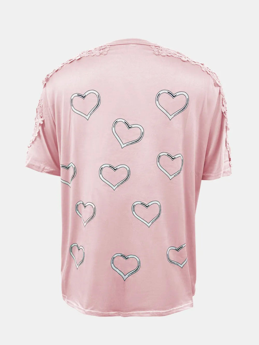 Full Size Lace Detail Heart Round Neck Short Sleeve Top - Deb Shops