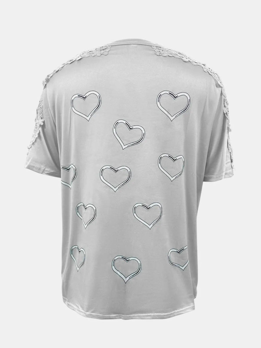 Full Size Lace Detail Heart Round Neck Short Sleeve Top - Deb Shops