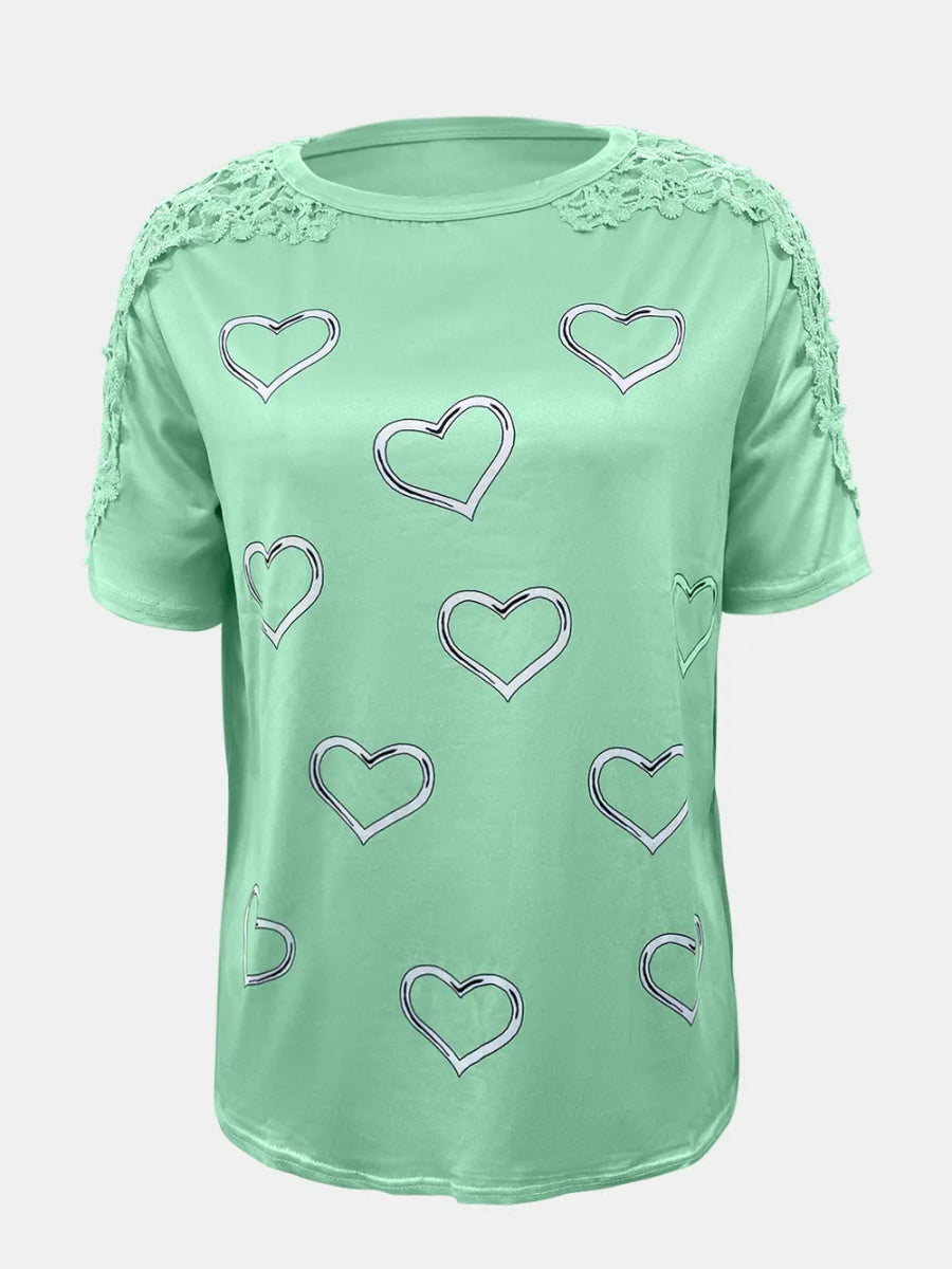 Full Size Lace Detail Heart Round Neck Short Sleeve Top - Deb Shops