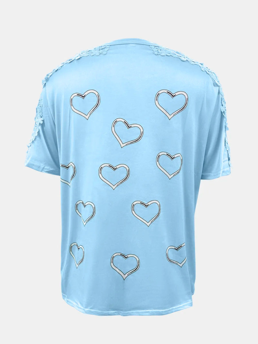Full Size Lace Detail Heart Round Neck Short Sleeve Top - Deb Shops
