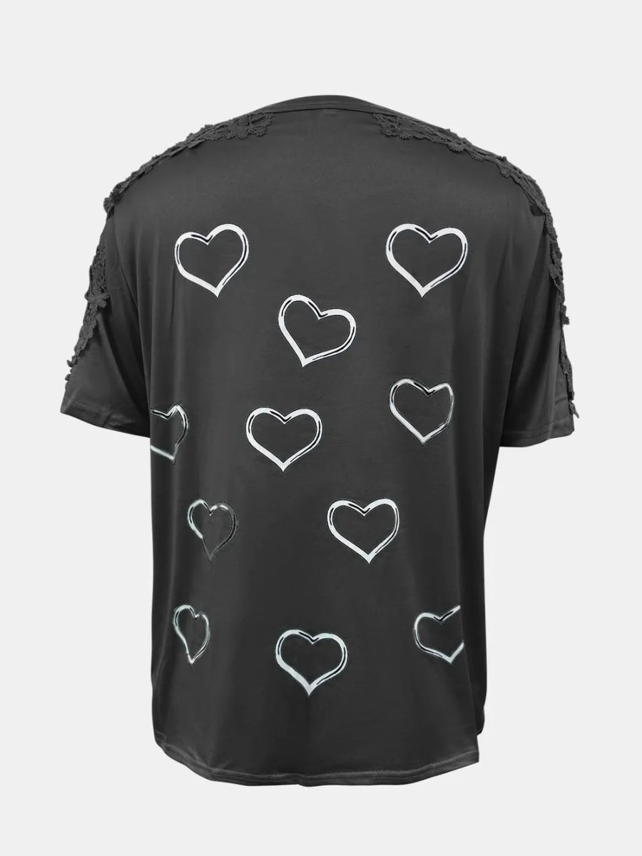 Full Size Lace Detail Heart Round Neck Short Sleeve Top - Deb Shops