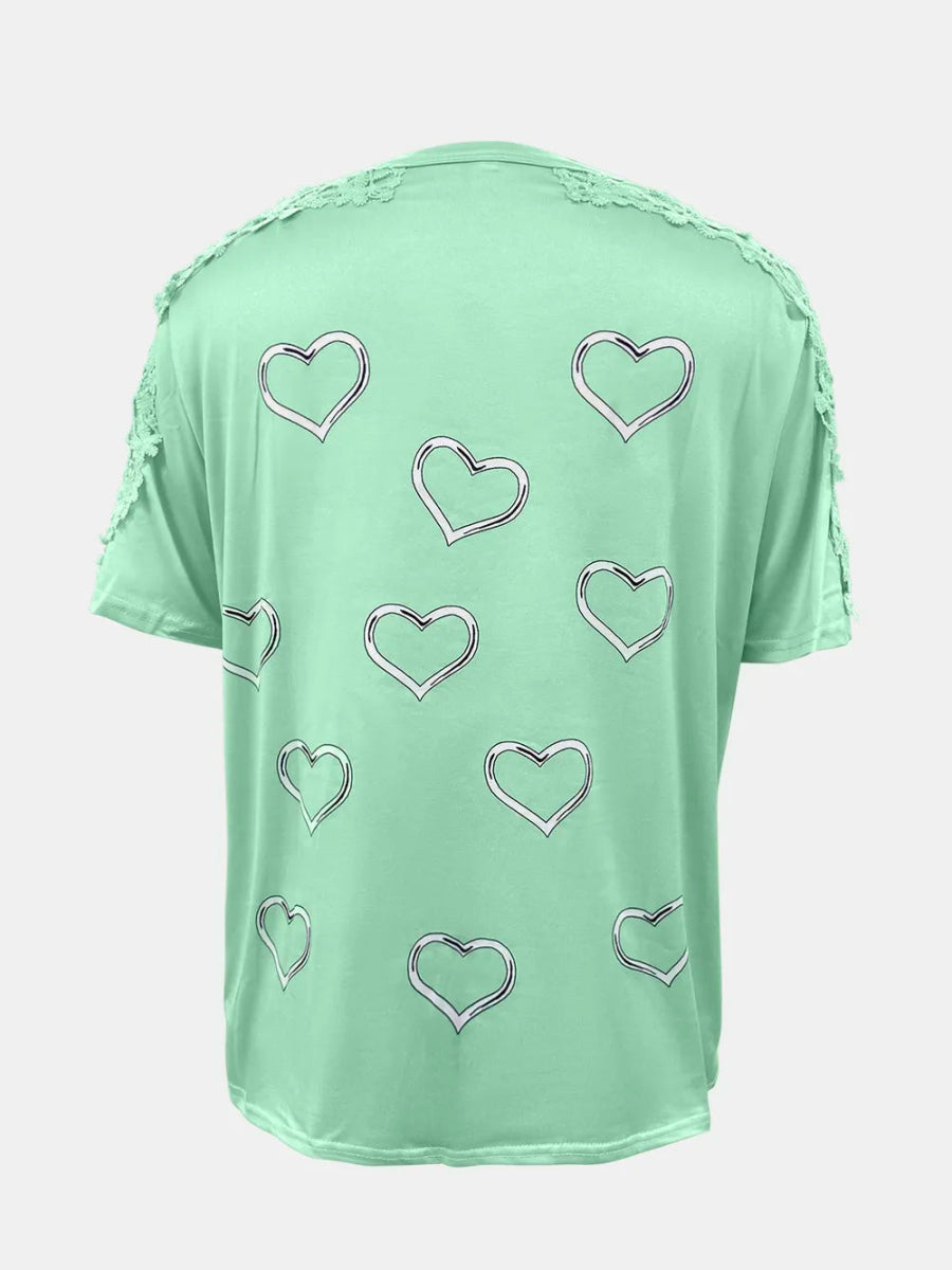 Full Size Lace Detail Heart Round Neck Short Sleeve Top - Deb Shops