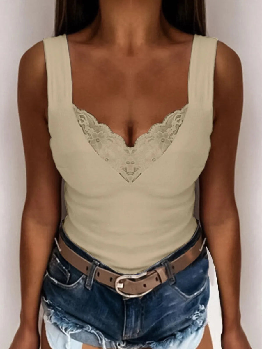 Full Size Lace Detail V - Neck Tank Plus Size - Deb Shops
