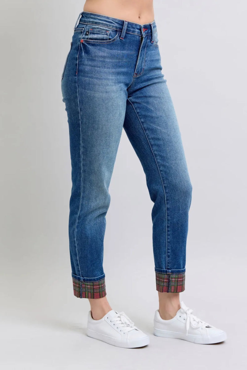 Full Size Plaid Print Cuff Straight Leg Jeans with Pockets - Deb Shops