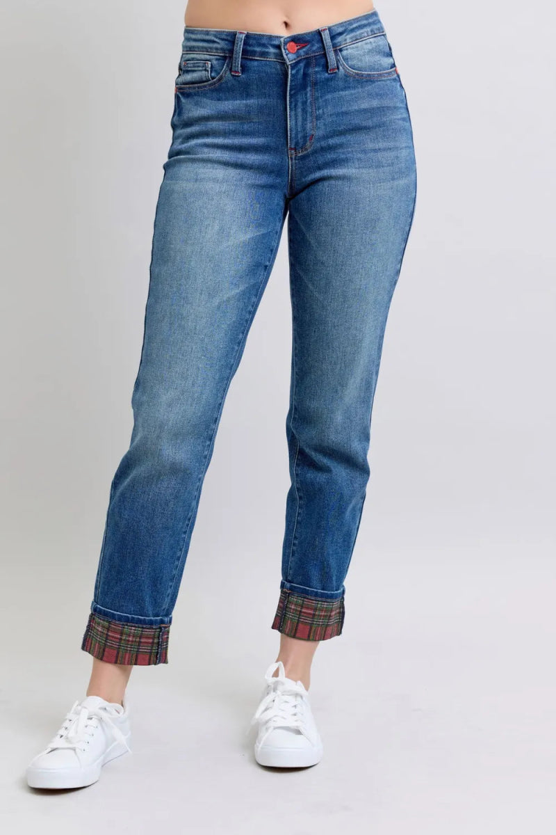 Full Size Plaid Print Cuff Straight Leg Jeans with Pockets - Deb Shops