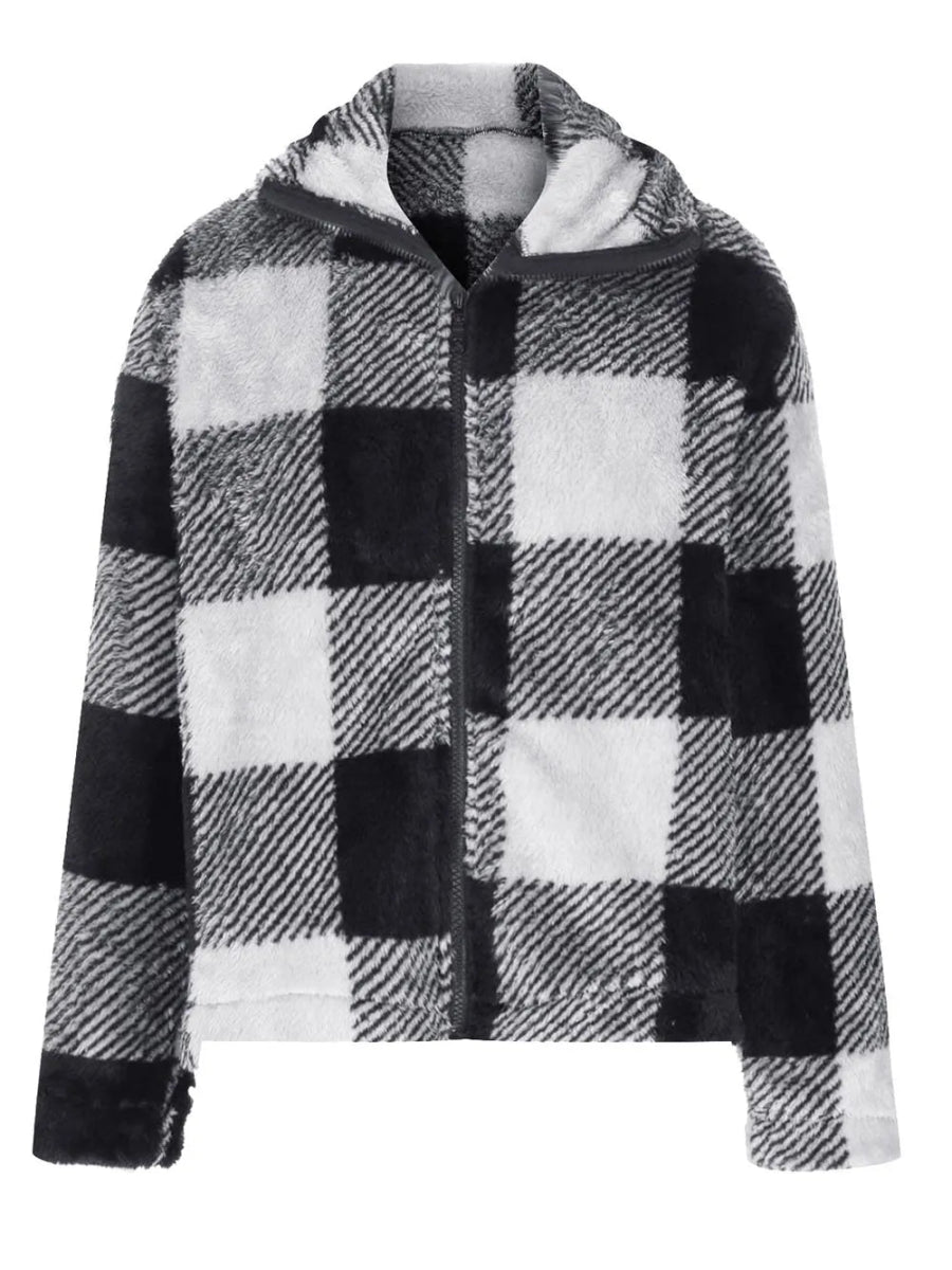 Full Size Plaid Zip Up Long Sleeve Jacket - Deb Shops