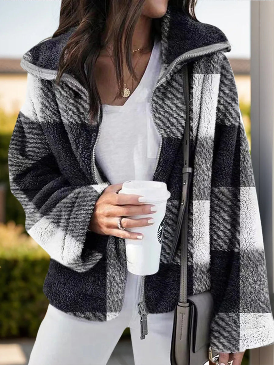 Full Size Plaid Zip Up Long Sleeve Jacket - Deb Shops