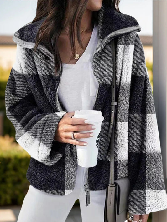 Full Size Plaid Zip Up Long Sleeve Jacket - Deb Shops
