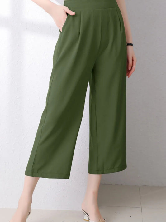 Full Size Pocketed Half Elastic Waist Pants - Deb Shops