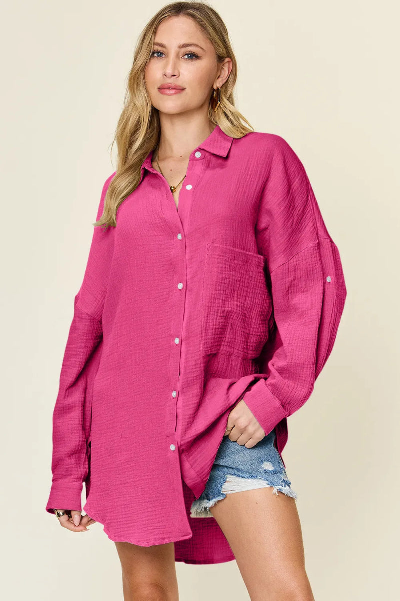 Full Size Pocketed Texture Button Up Shirt - Deb Shops