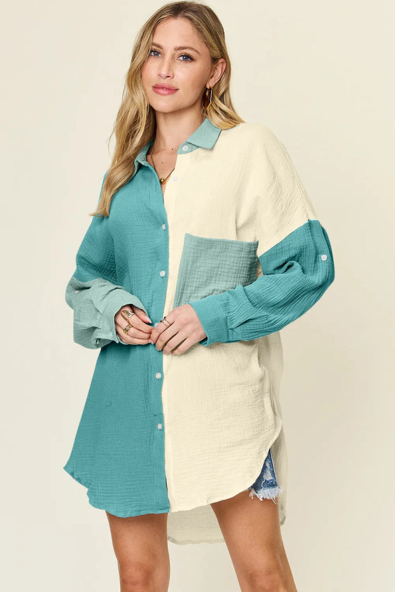Full Size Pocketed Texture Button Up Shirt - Deb Shops