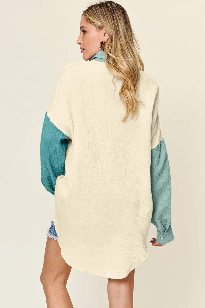 Full Size Pocketed Texture Button Up Shirt - Deb Shops